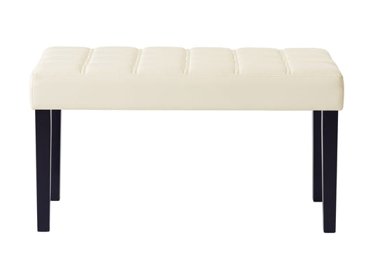 White leather bench with sleek design, polished chrome legs, and tufted cushion. Ideal for modern living rooms or entryways. Durable and stylish, perfect for contemporary home decor.