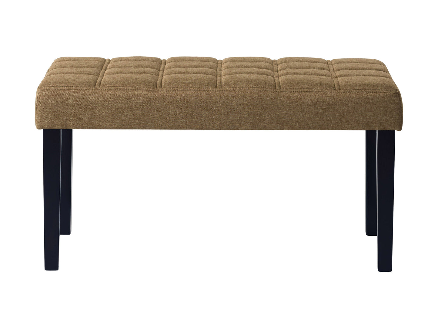 Beige entryway bench with cushioned seat, wooden legs, and slatted lower shelf for storage. Ideal for hallways, foyers, or mudrooms.