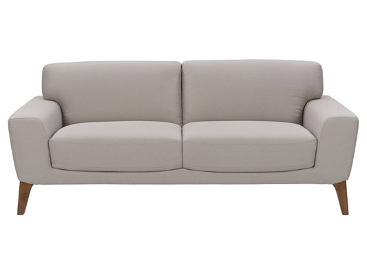 Light grey 3-seater sofa with plush cushions, wooden legs, and soft fabric upholstery. Ideal for modern living rooms, this stylish couch offers comfort and elegance, perfect for family gatherings or relaxation.