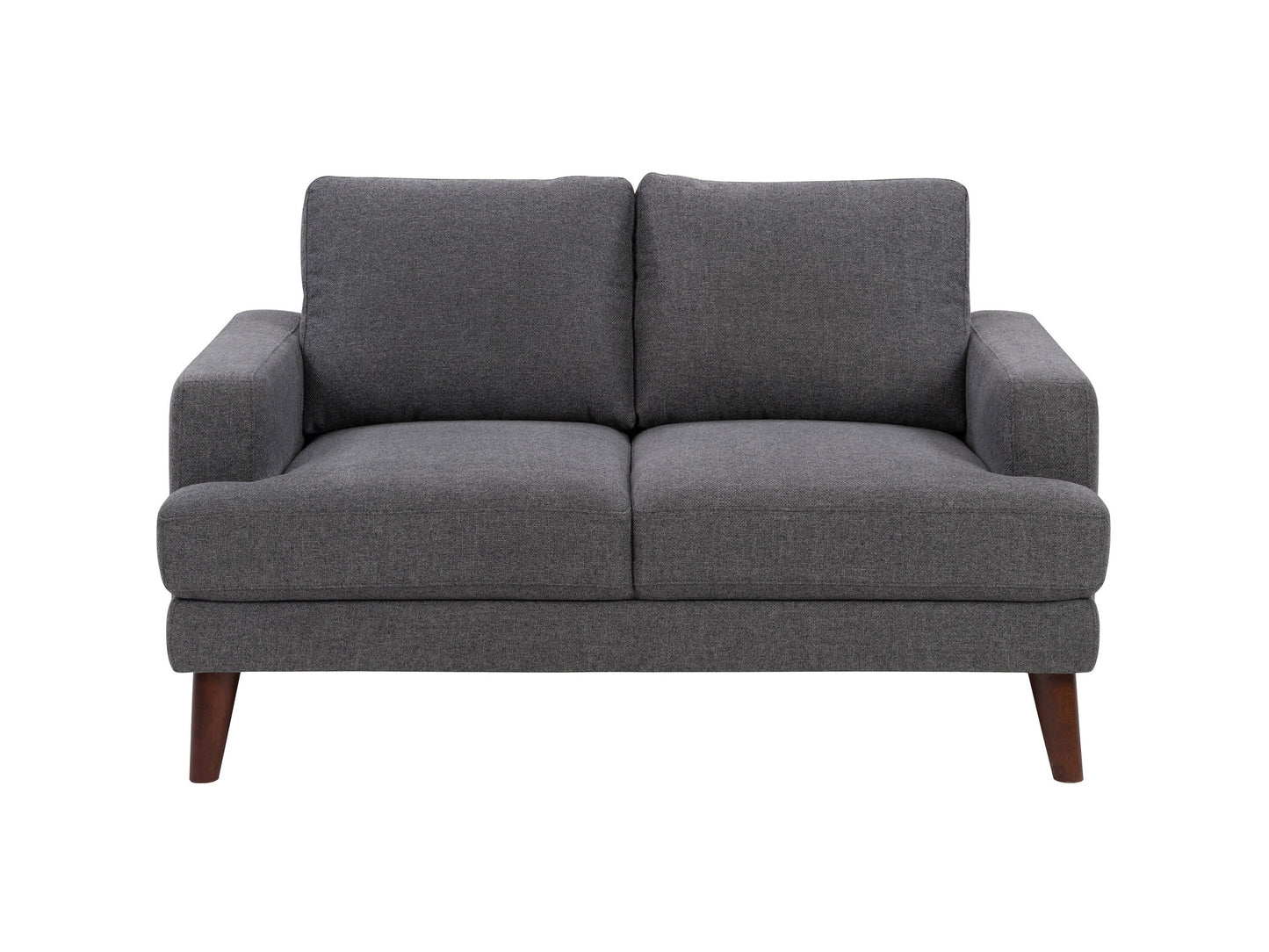 Dark grey modern loveseat with sleek lines, plush cushions, and wooden legs. Upholstered in soft, durable fabric, perfect for contemporary living rooms.