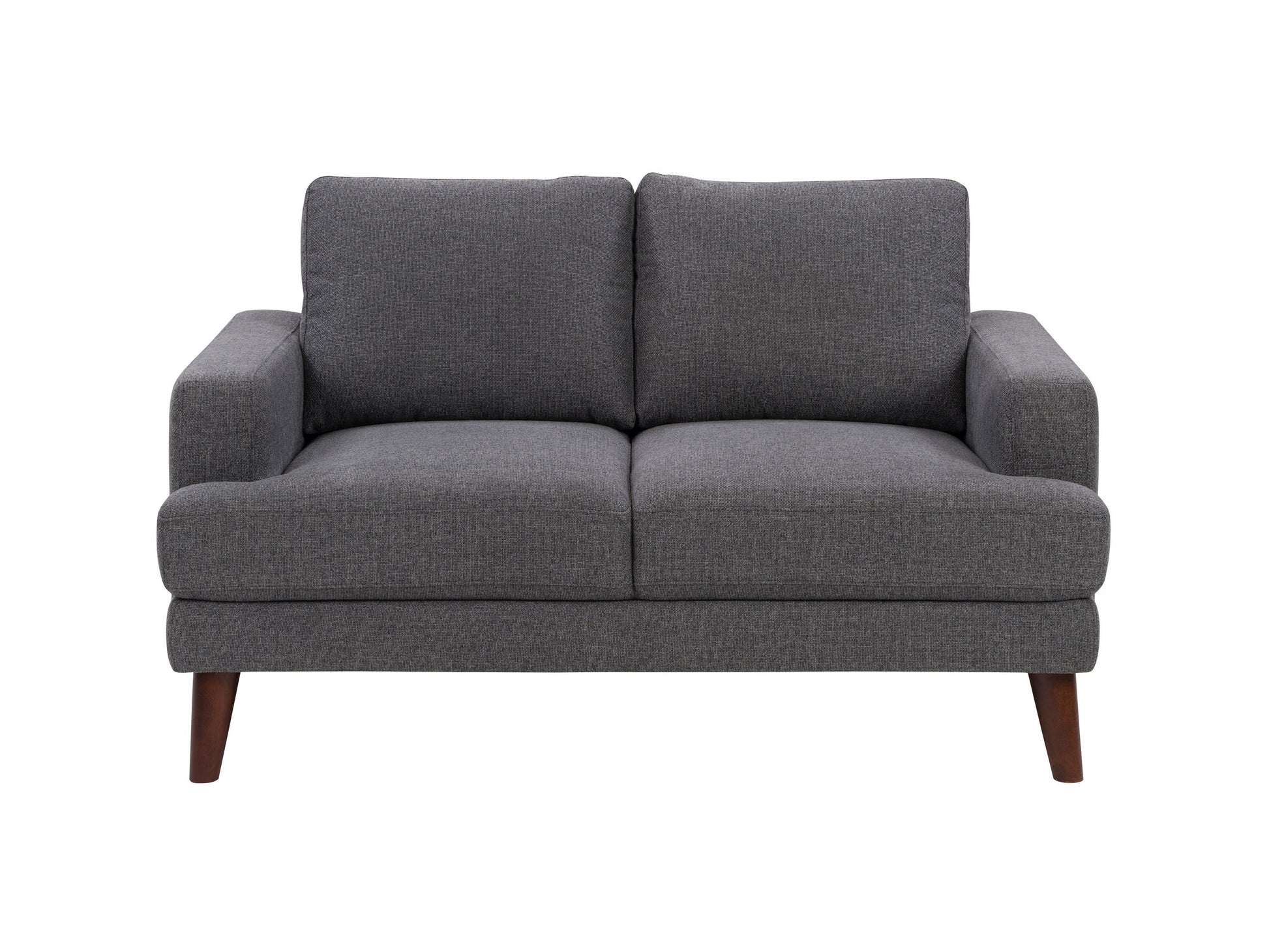 Dark grey modern loveseat with sleek lines, plush cushions, and wooden legs. Upholstered in soft, durable fabric, perfect for contemporary living rooms.