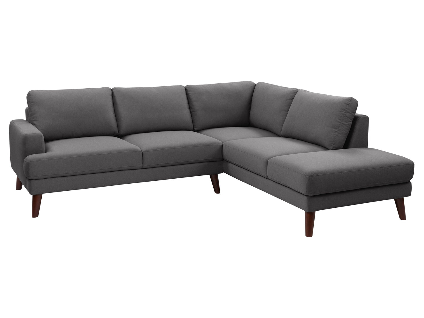 Dark grey sectional sofa with right-facing chaise, featuring plush cushions, modern design, and durable fabric upholstery. Ideal for contemporary living rooms.