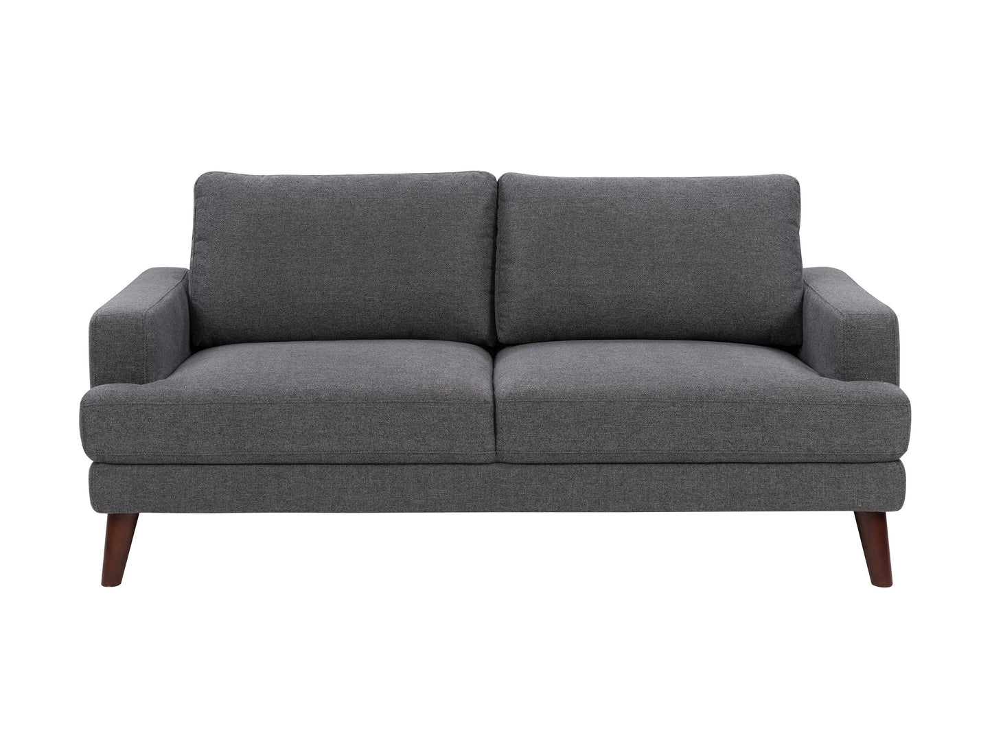 Dark grey fabric sofa with modern design, featuring plush cushions, sleek armrests, and sturdy wooden legs. Ideal for contemporary living rooms, offering comfort and style.