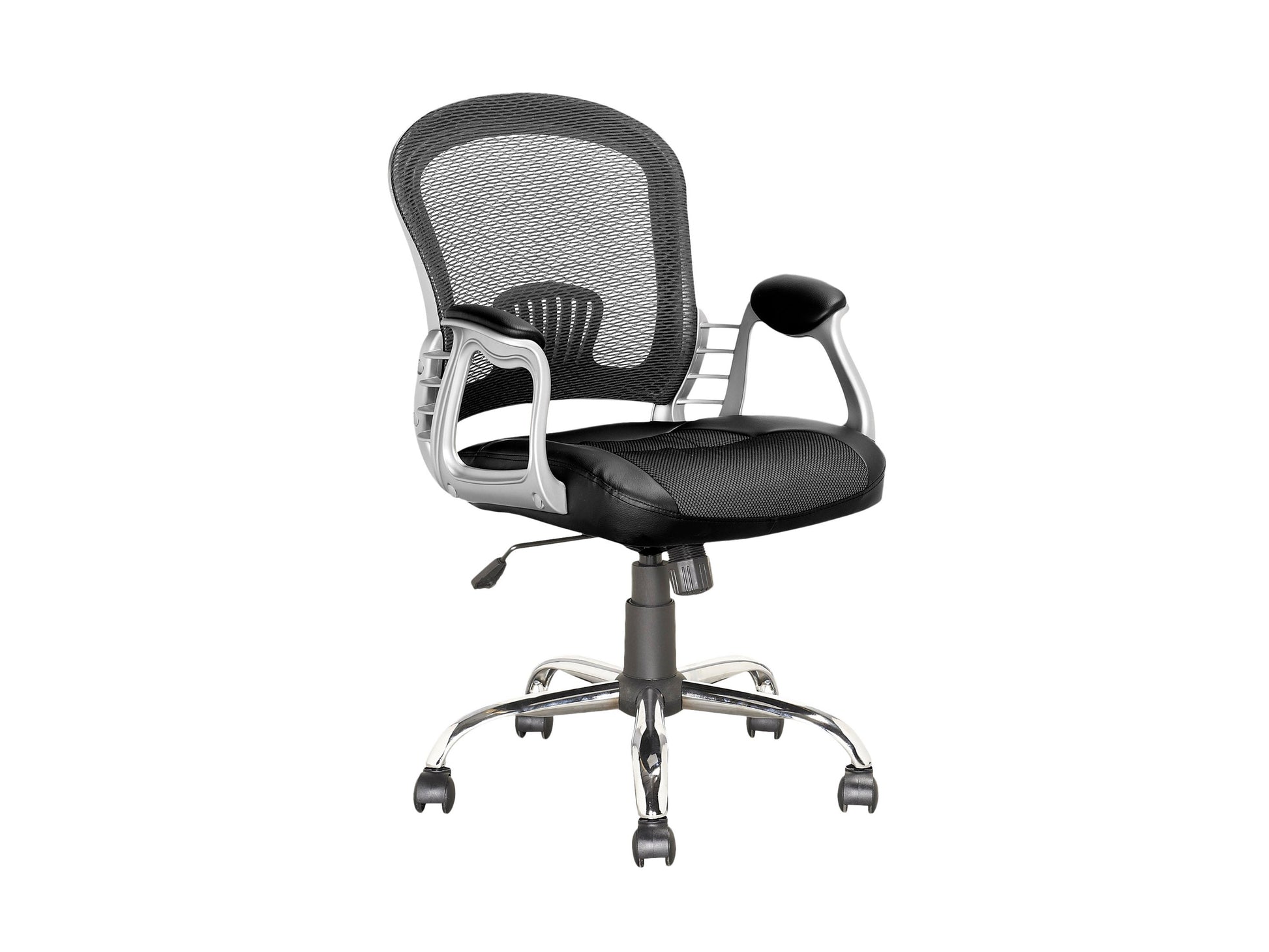 Black swivel office chair with ergonomic design, cushioned seat, adjustable height, and lumbar support. Features a sleek, modern look with a sturdy metal base and smooth-rolling casters. Ideal for home or office use.