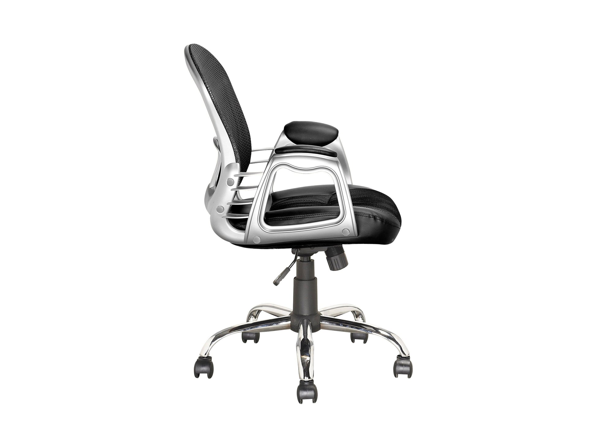 Black swivel office chair with ergonomic design, cushioned seat, adjustable height, and lumbar support. Features a sleek, modern look with a sturdy metal base and smooth-rolling casters. Ideal for home or office use.