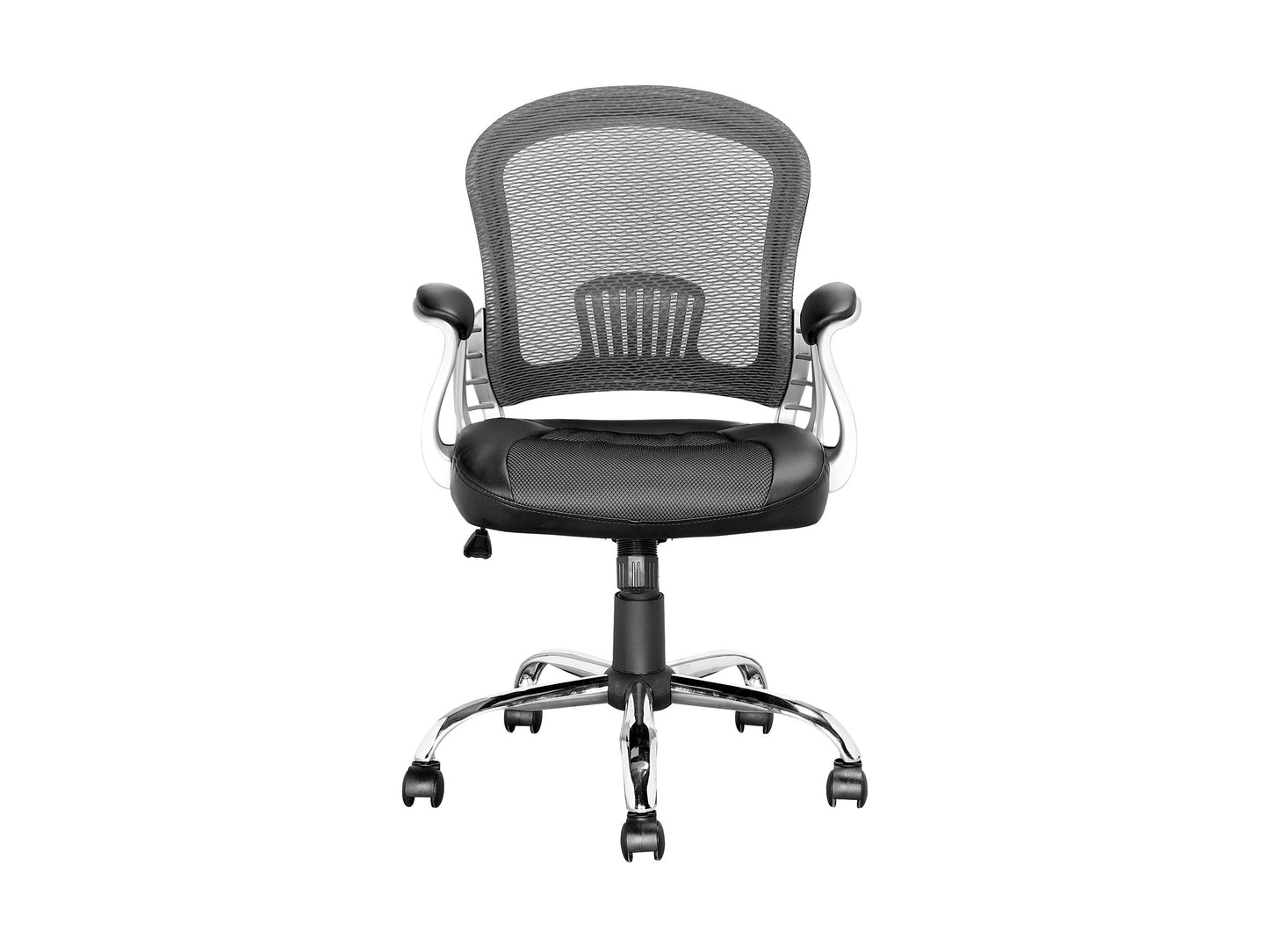 Black swivel office chair with ergonomic design, cushioned seat, adjustable height, and lumbar support. Features a sleek, modern look with a sturdy metal base and smooth-rolling casters. Ideal for home or office use.