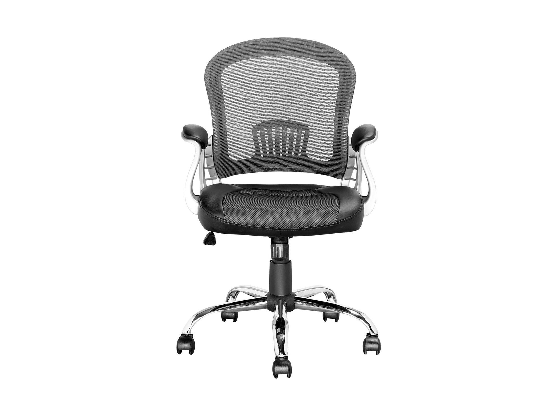 Black swivel office chair with ergonomic design, cushioned seat, adjustable height, and lumbar support. Features a sleek, modern look with a sturdy metal base and smooth-rolling casters. Ideal for home or office use.