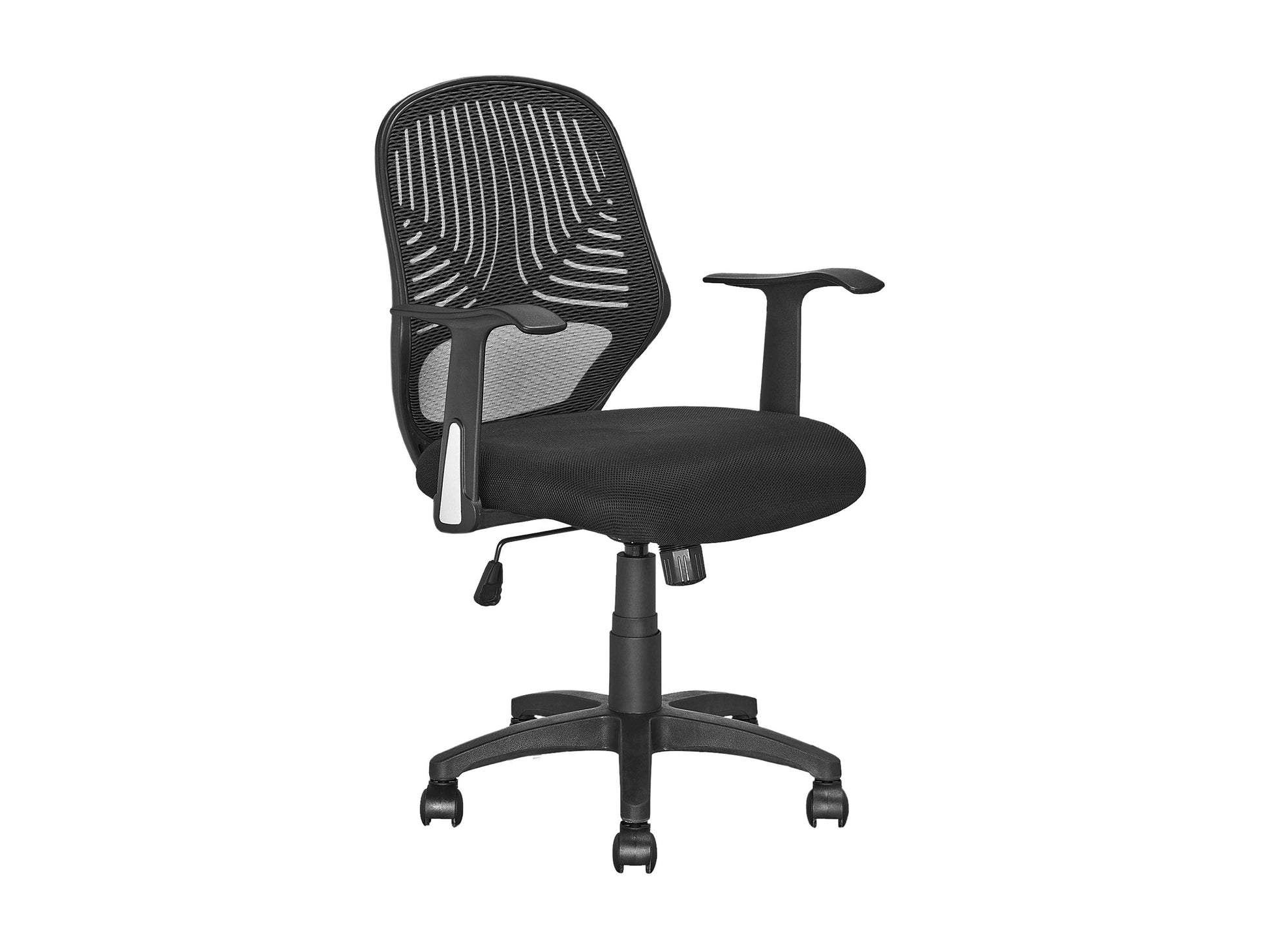 Black mesh office chair with ergonomic design, adjustable height, and lumbar support. Features breathable mesh backrest, cushioned seat, and sleek armrests. Ideal for home office or professional workspace.