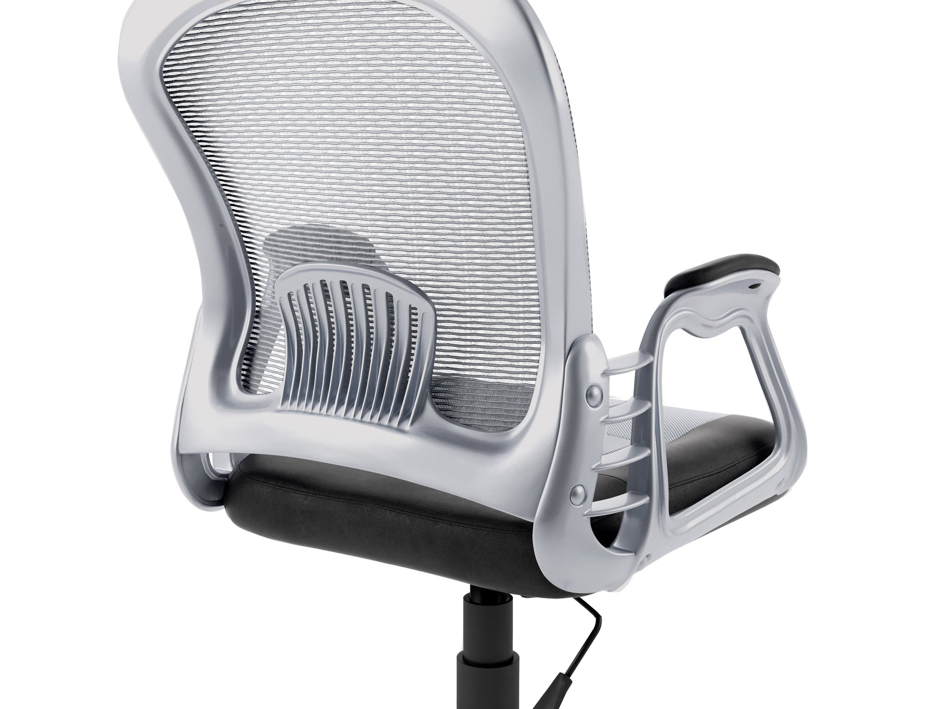 Ergonomic grey swivel office chair with cushioned seat, adjustable height, mesh backrest, and sturdy armrests, perfect for home or office use.