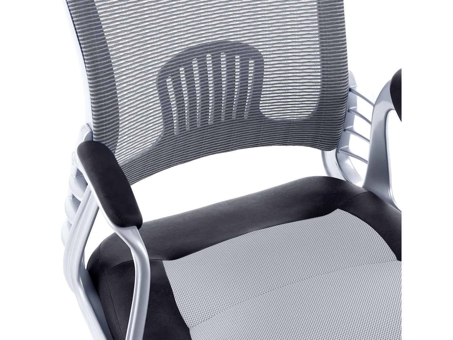 Ergonomic grey swivel office chair with cushioned seat, adjustable height, mesh backrest, and sturdy armrests, perfect for home or office use.