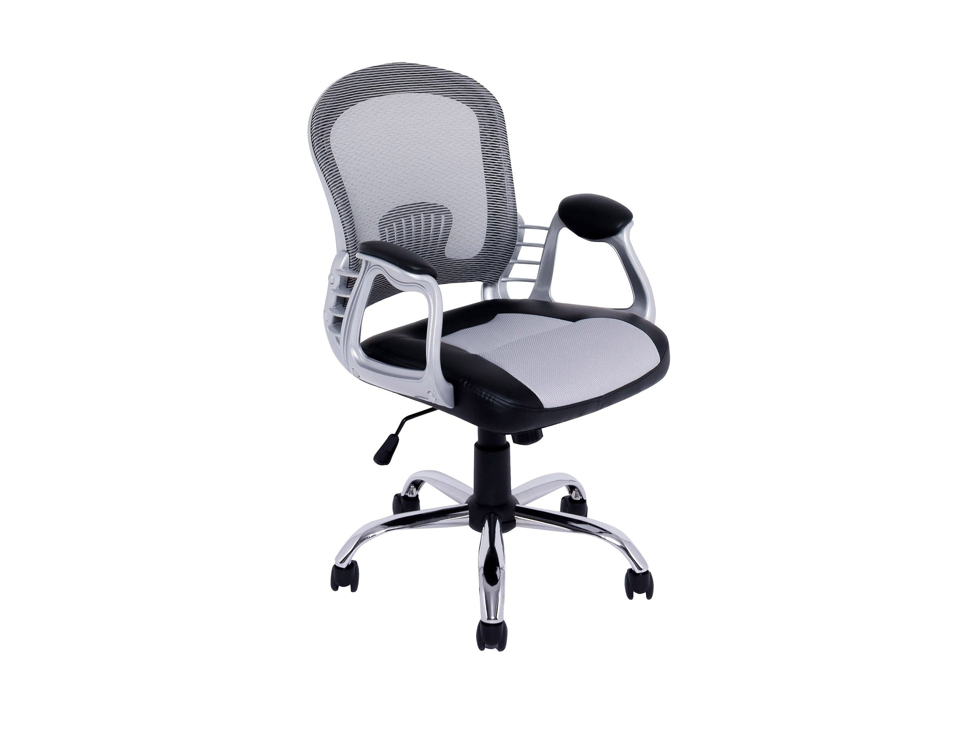 Ergonomic grey swivel office chair with cushioned seat, adjustable height, mesh backrest, and sturdy armrests, perfect for home or office use.