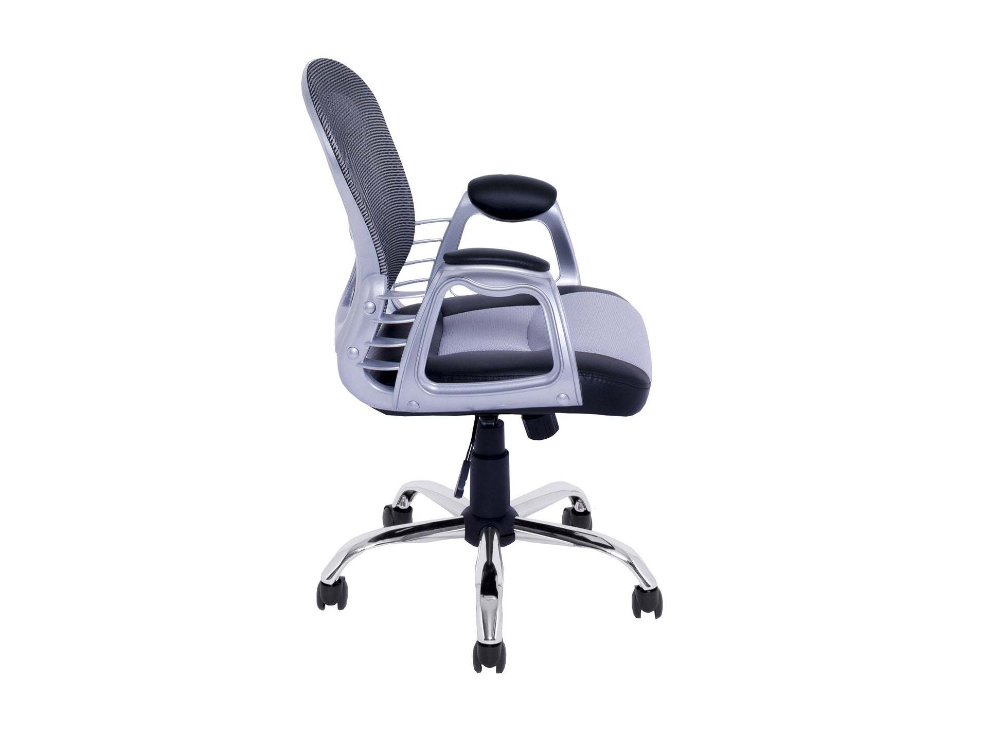 Ergonomic grey swivel office chair with cushioned seat, adjustable height, mesh backrest, and sturdy armrests, perfect for home or office use.