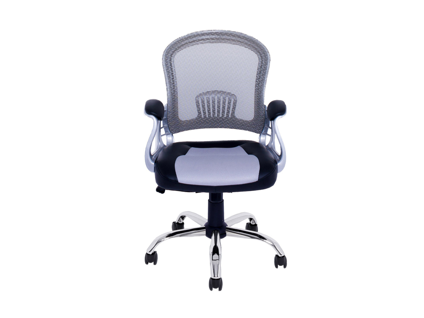 Ergonomic grey swivel office chair with cushioned seat, adjustable height, mesh backrest, and sturdy armrests, perfect for home or office use.