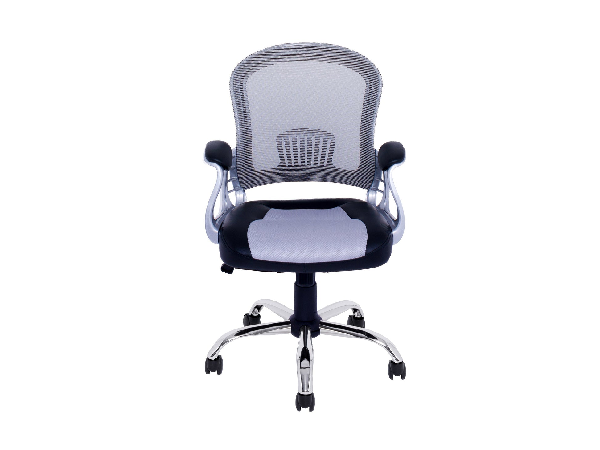 Ergonomic grey swivel office chair with cushioned seat, adjustable height, mesh backrest, and sturdy armrests, perfect for home or office use.