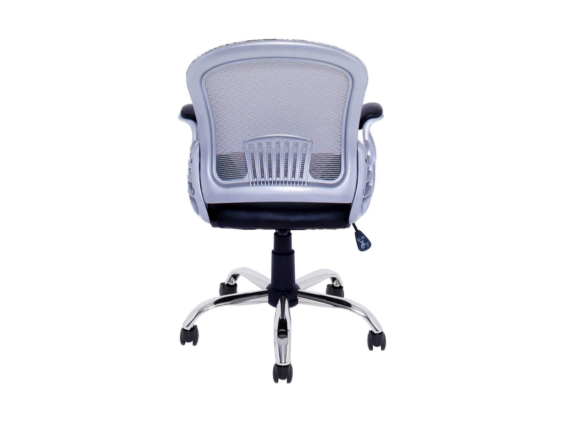 Ergonomic grey swivel office chair with cushioned seat, adjustable height, mesh backrest, and sturdy armrests, perfect for home or office use.