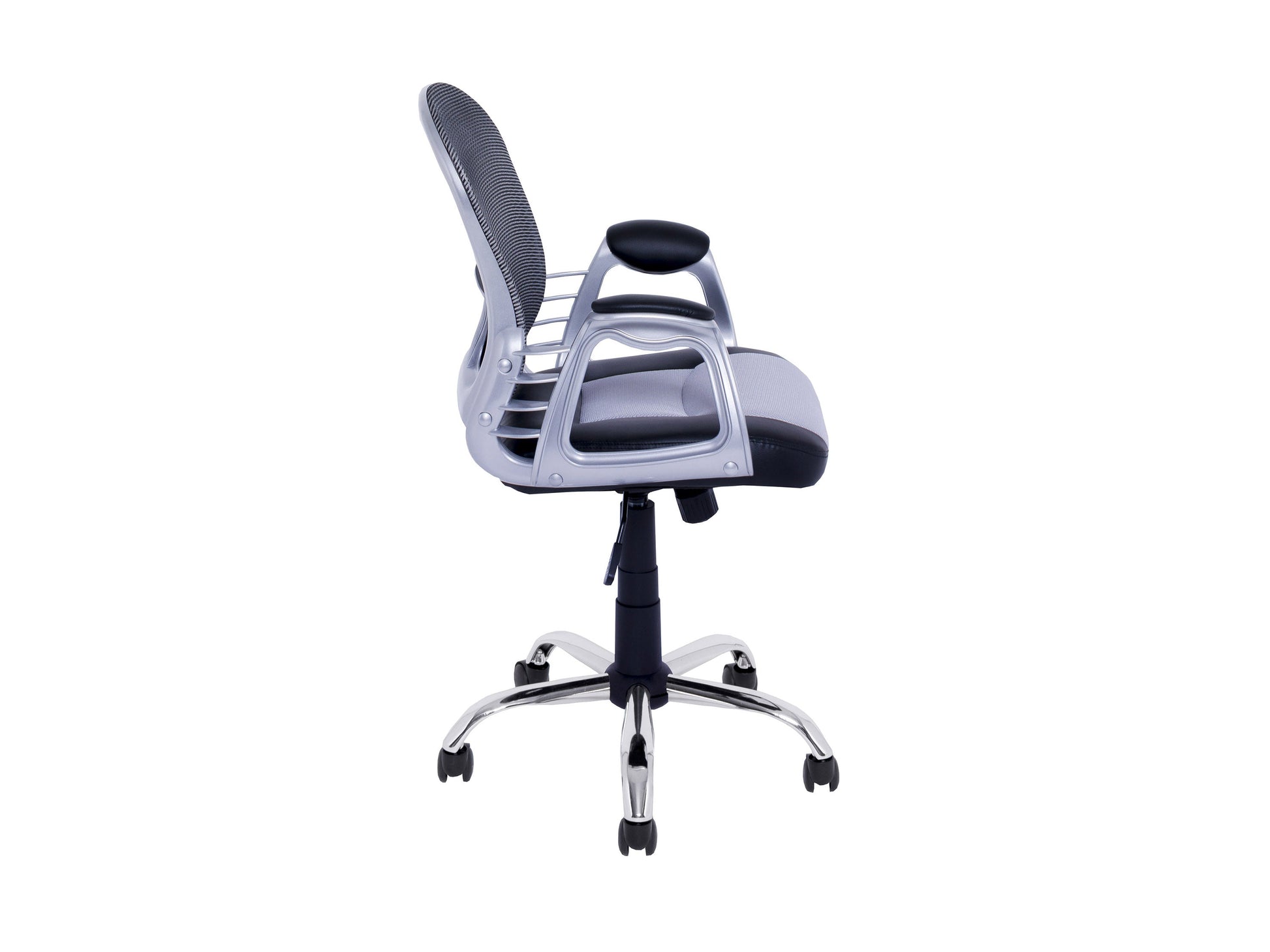 Ergonomic grey swivel office chair with cushioned seat, adjustable height, mesh backrest, and sturdy armrests, perfect for home or office use.