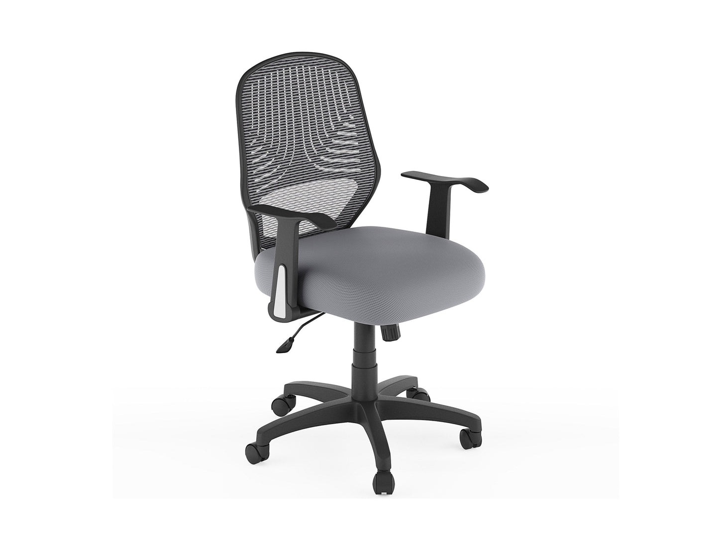 Grey mesh office chair with ergonomic design, adjustable armrests, lumbar support, and swivel base. Ideal for home or office use, providing comfort and breathability for long hours of work.