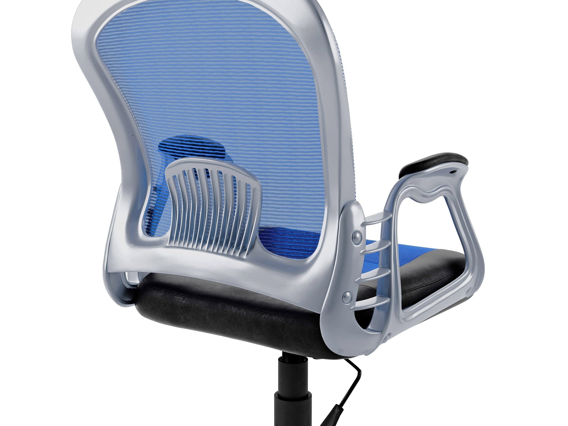 Blue swivel office chair with ergonomic design, padded seat, and mesh backrest; featuring adjustable height and armrests, perfect for home or office workspace.