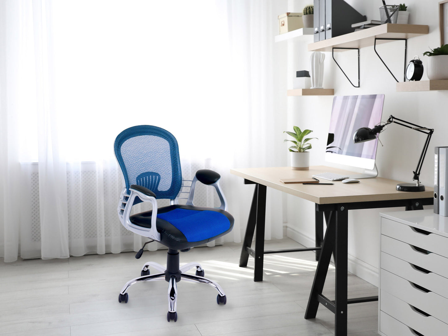 Blue swivel office chair with ergonomic design, padded seat, and mesh backrest; featuring adjustable height and armrests, perfect for home or office workspace.