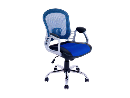 Blue swivel office chair with ergonomic design, padded seat, and mesh backrest; featuring adjustable height and armrests, perfect for home or office workspace.