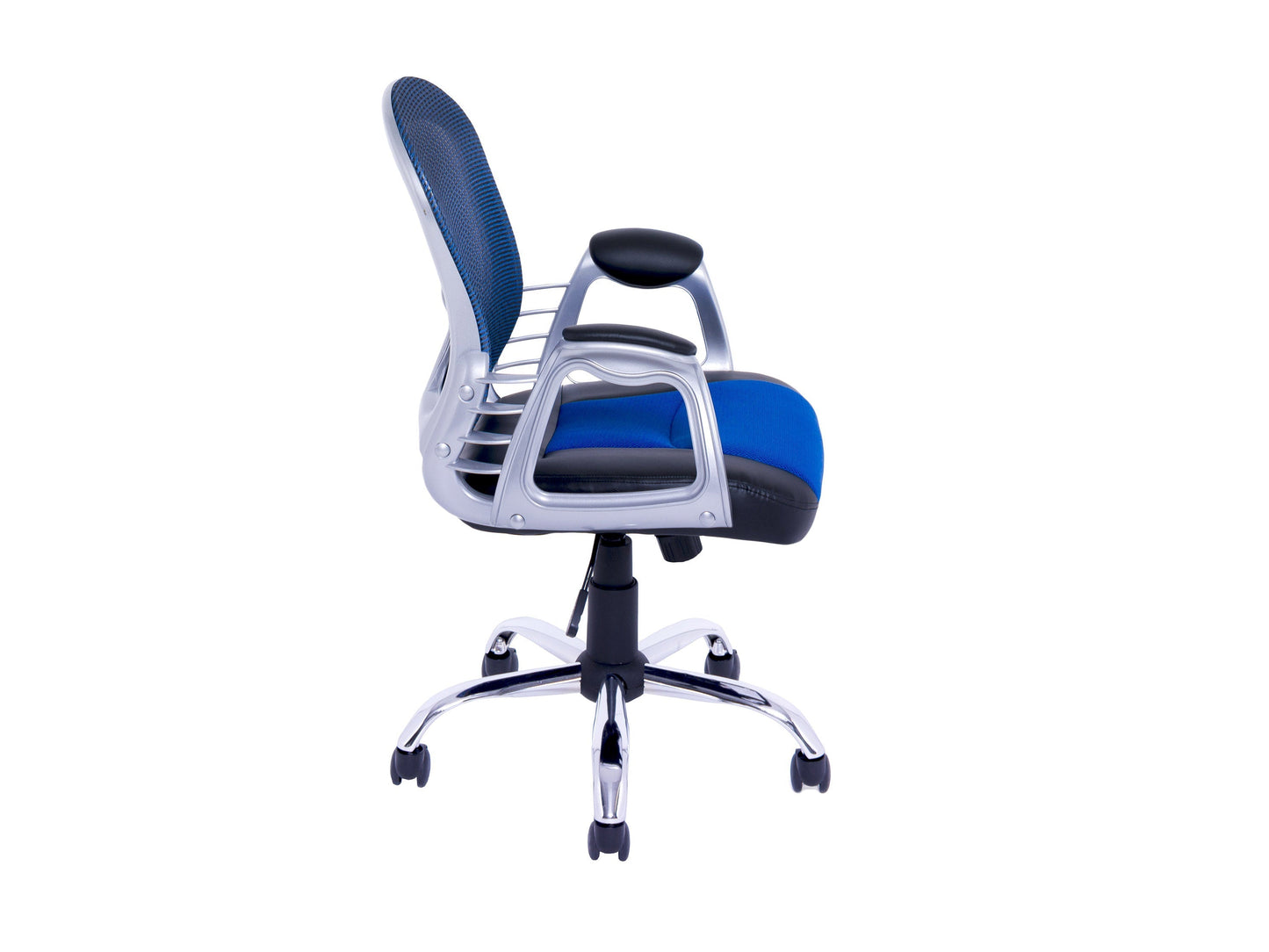 Blue swivel office chair with ergonomic design, padded seat, and mesh backrest; featuring adjustable height and armrests, perfect for home or office workspace.