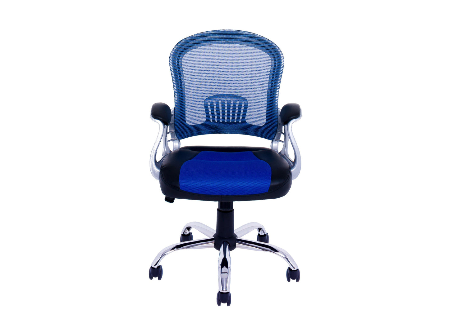 Blue swivel office chair with ergonomic design, padded seat, and mesh backrest; featuring adjustable height and armrests, perfect for home or office workspace.