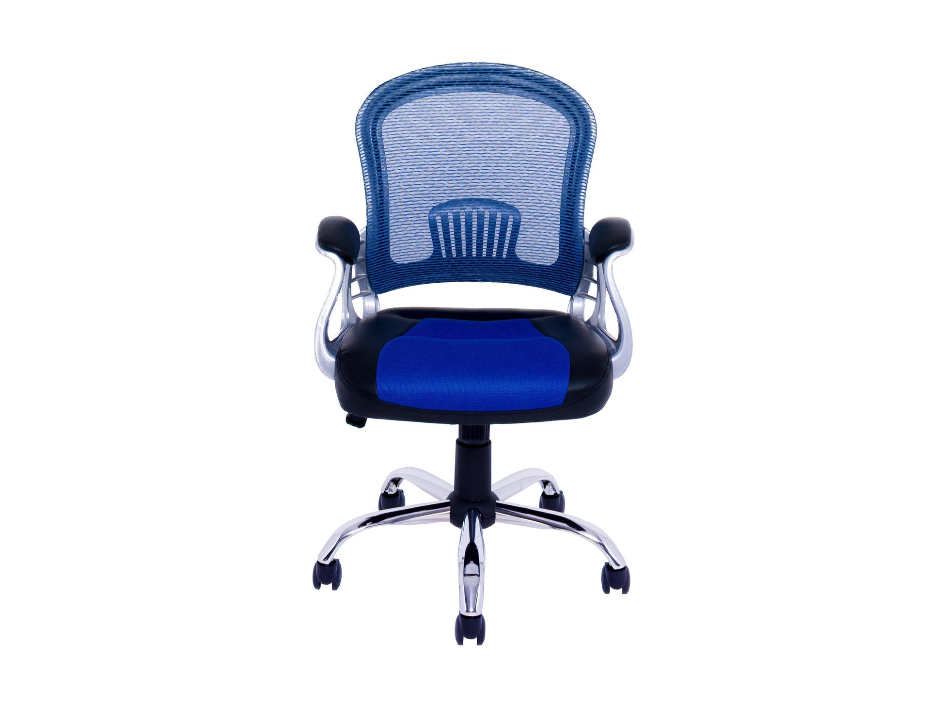 Blue swivel office chair with ergonomic design, padded seat, and mesh backrest; featuring adjustable height and armrests, perfect for home or office workspace.