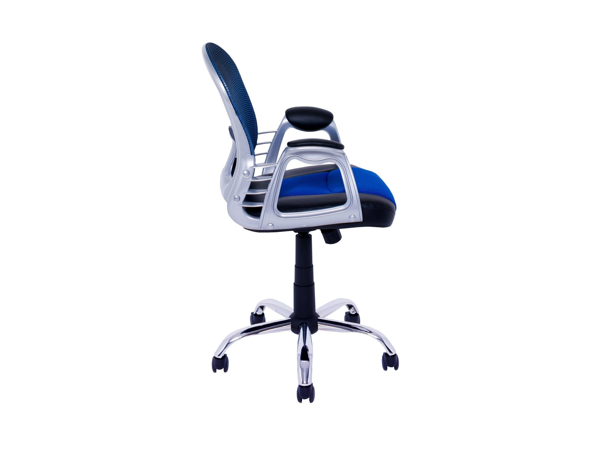 Blue swivel office chair with ergonomic design, padded seat, and mesh backrest; featuring adjustable height and armrests, perfect for home or office workspace.