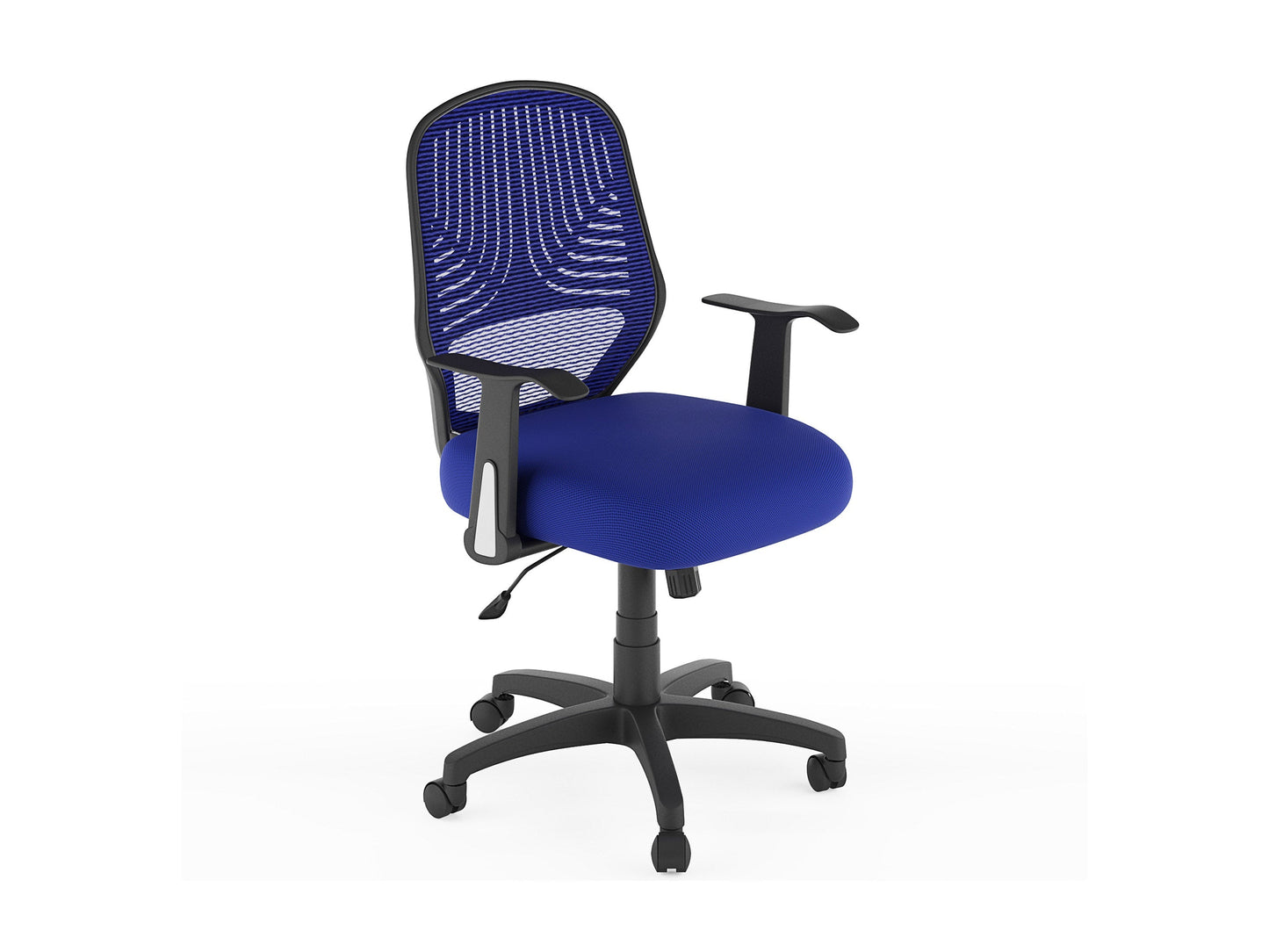 Blue mesh office chair with ergonomic design, adjustable armrests, lumbar support, and a swivel base. Ideal for home or office use, providing comfort and breathability with a modern aesthetic.