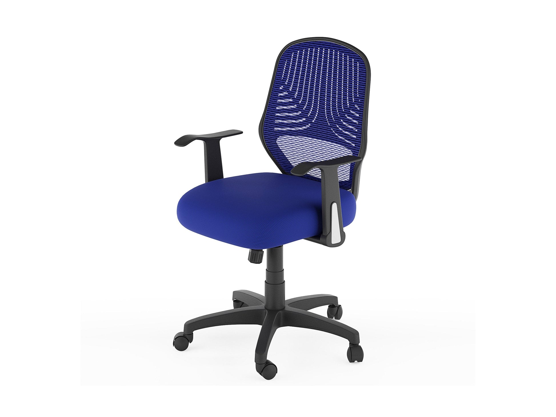 Blue mesh office chair with ergonomic design, adjustable armrests, lumbar support, and a swivel base. Ideal for home or office use, providing comfort and breathability with a modern aesthetic.