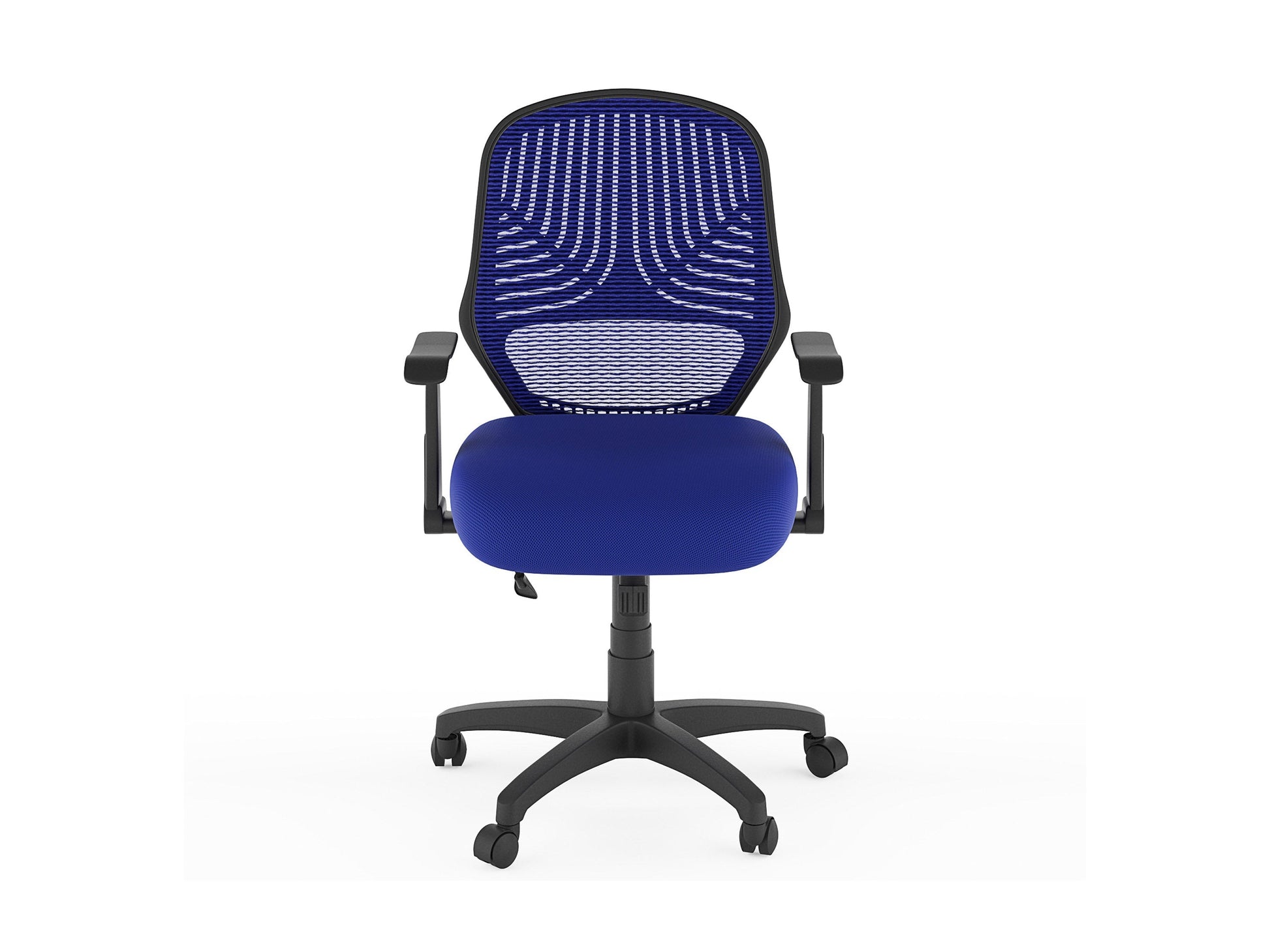 Blue mesh office chair with ergonomic design, adjustable armrests, lumbar support, and a swivel base. Ideal for home or office use, providing comfort and breathability with a modern aesthetic.