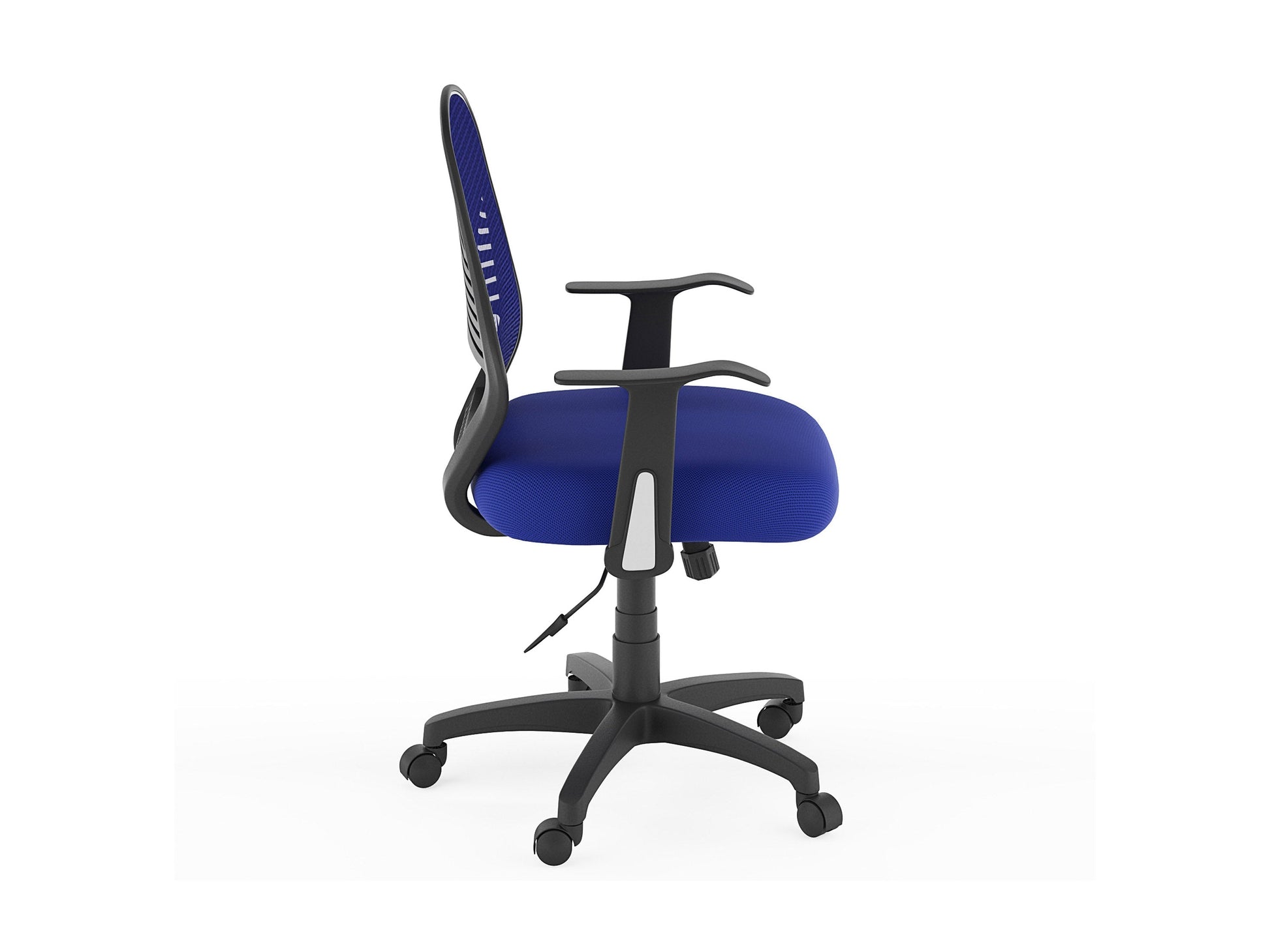 Blue mesh office chair with ergonomic design, adjustable armrests, lumbar support, and a swivel base. Ideal for home or office use, providing comfort and breathability with a modern aesthetic.