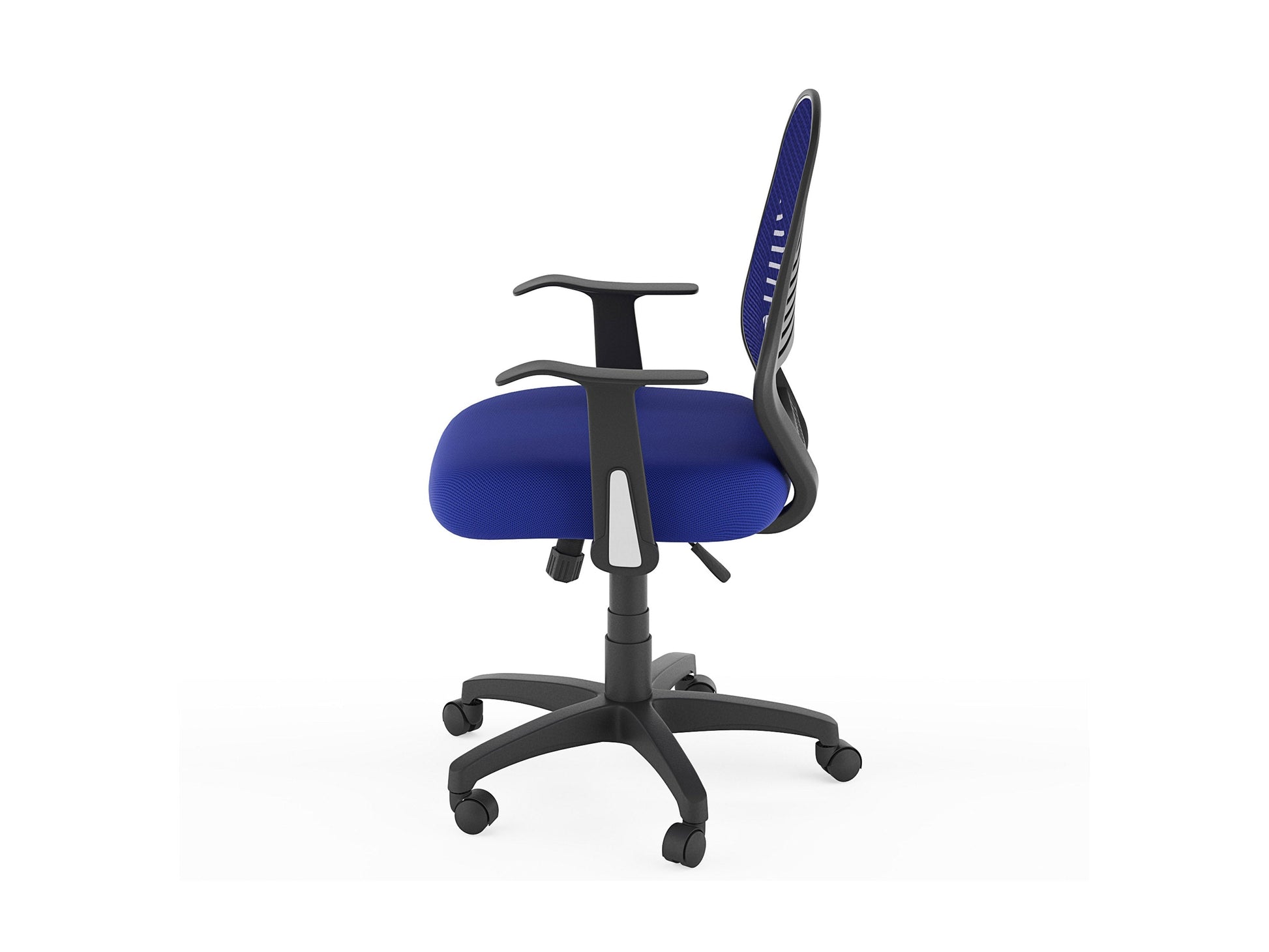 Blue mesh office chair with ergonomic design, adjustable armrests, lumbar support, and a swivel base. Ideal for home or office use, providing comfort and breathability with a modern aesthetic.