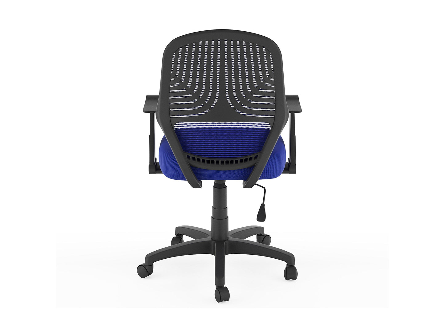 Blue mesh office chair with ergonomic design, adjustable armrests, lumbar support, and a swivel base. Ideal for home or office use, providing comfort and breathability with a modern aesthetic.