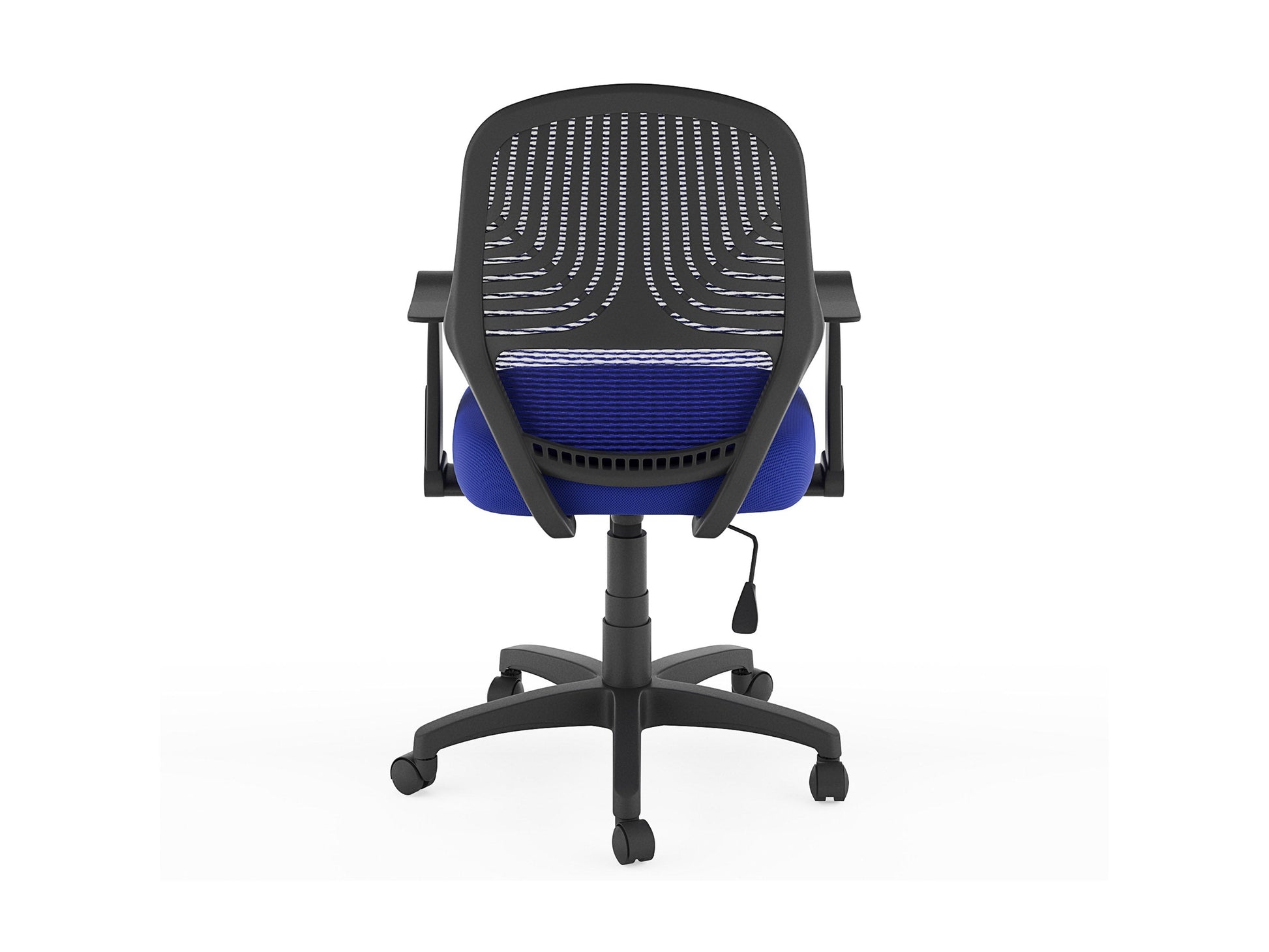 Blue mesh office chair with ergonomic design, adjustable armrests, lumbar support, and a swivel base. Ideal for home or office use, providing comfort and breathability with a modern aesthetic.