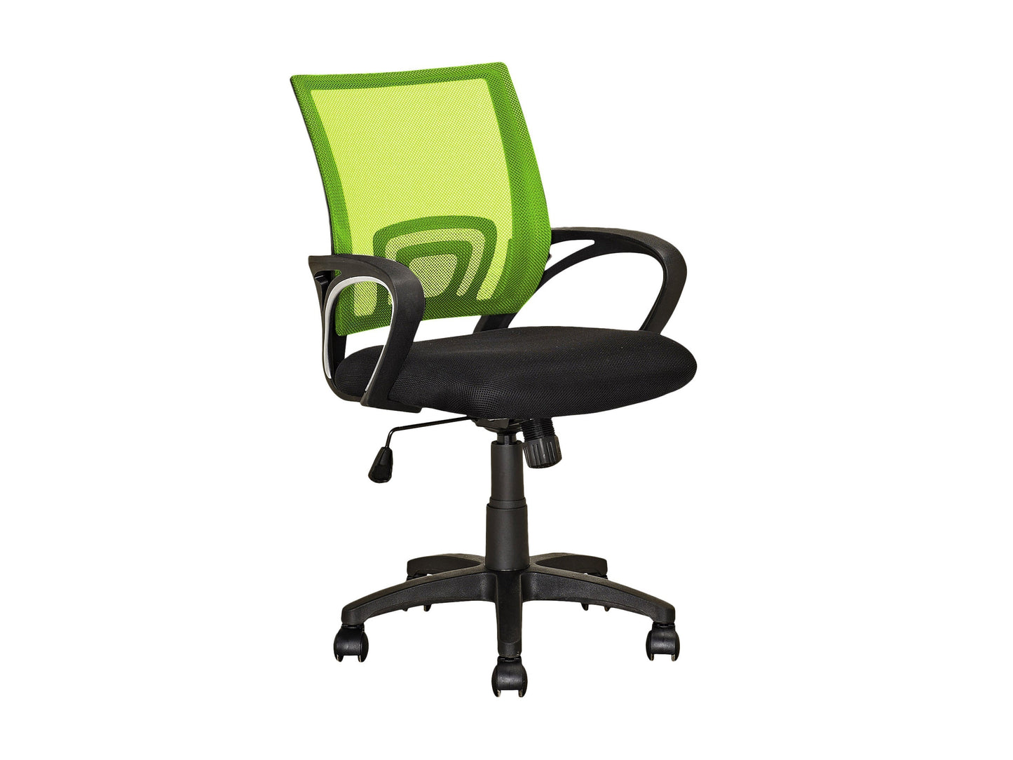 Lime green mesh back office chair with ergonomic design, adjustable height, and black armrests on a five-wheel base.