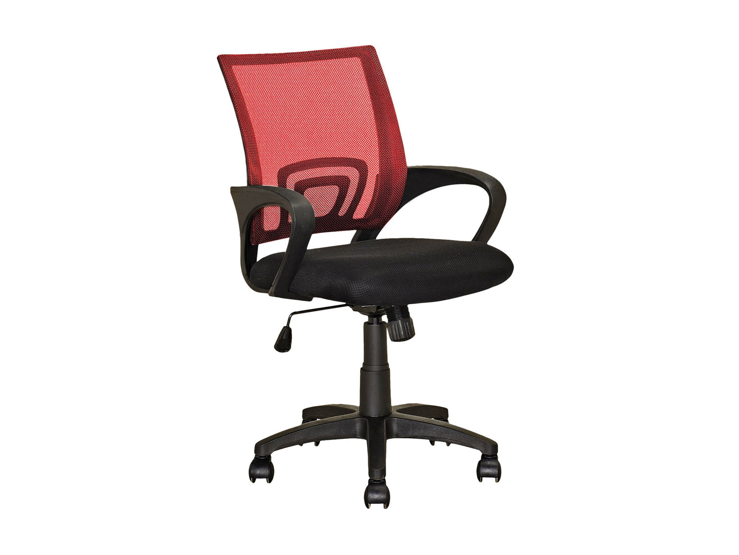 Red mesh back office chair with ergonomic design, adjustable height, and black armrests. Features a breathable mesh backrest, cushioned seat, and durable five-wheel base for easy mobility.