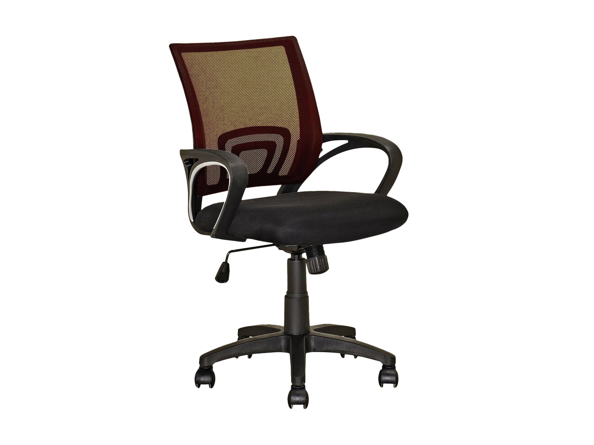 Dark brown mesh back office chair with ergonomic design, adjustable height, padded seat, and rolling casters. Ideal for home or office use, offering comfort and support for long hours of work.