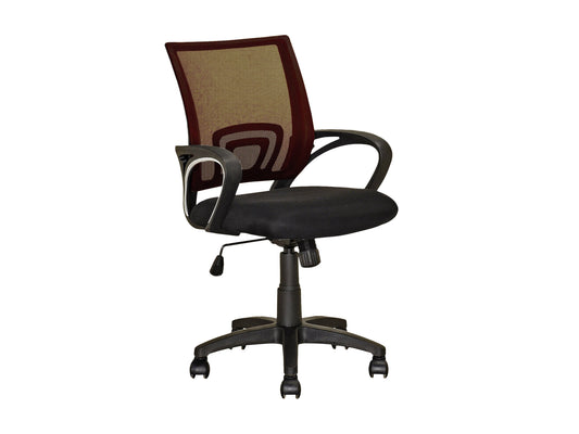 Dark brown mesh back office chair with ergonomic design, adjustable height, padded seat, and rolling casters. Ideal for home or office use, offering comfort and support for long hours of work.