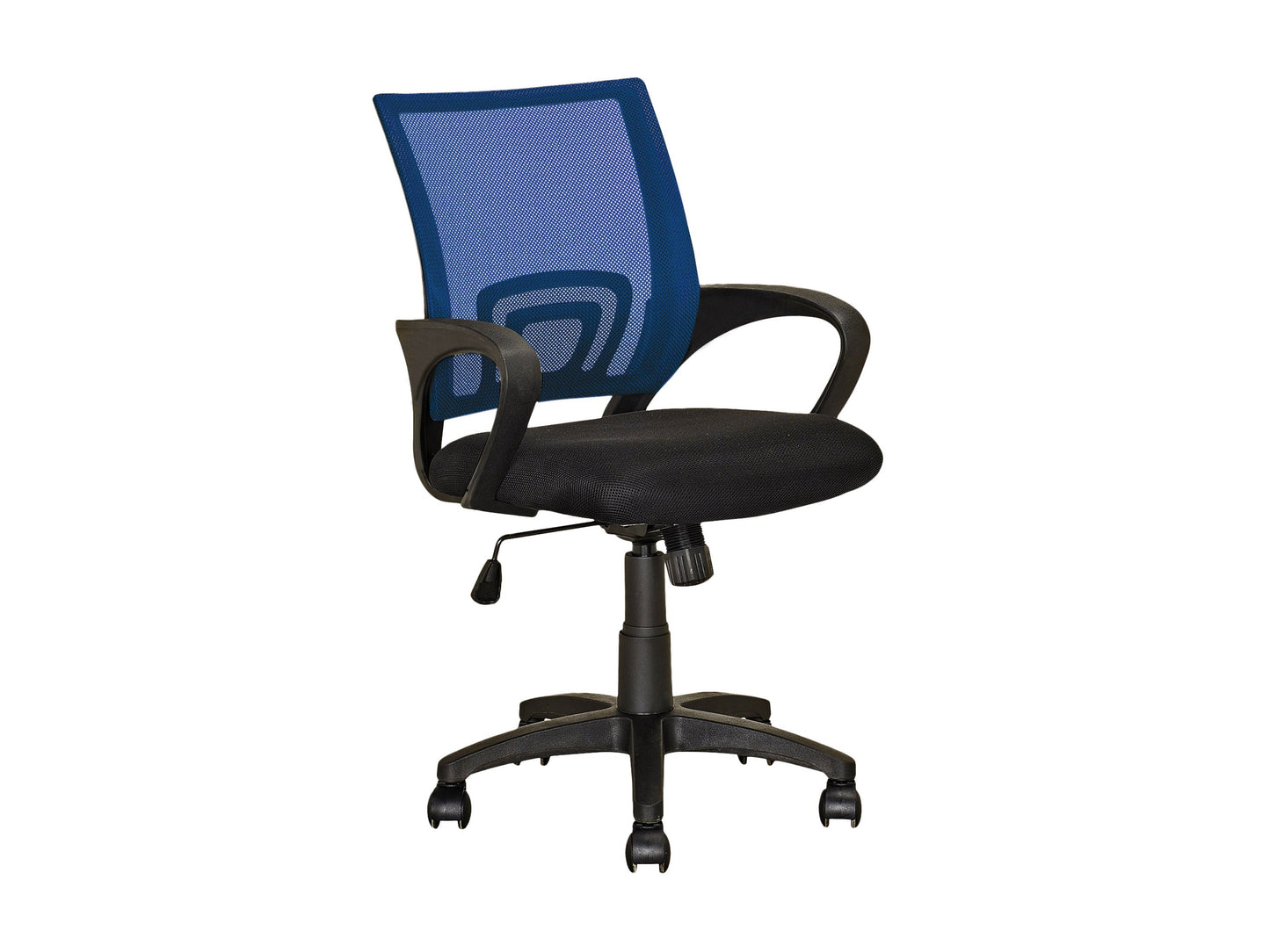 Navy blue mesh back office chair with ergonomic design, adjustable armrests, lumbar support, and swivel base. Ideal for comfortable, long hours of work.