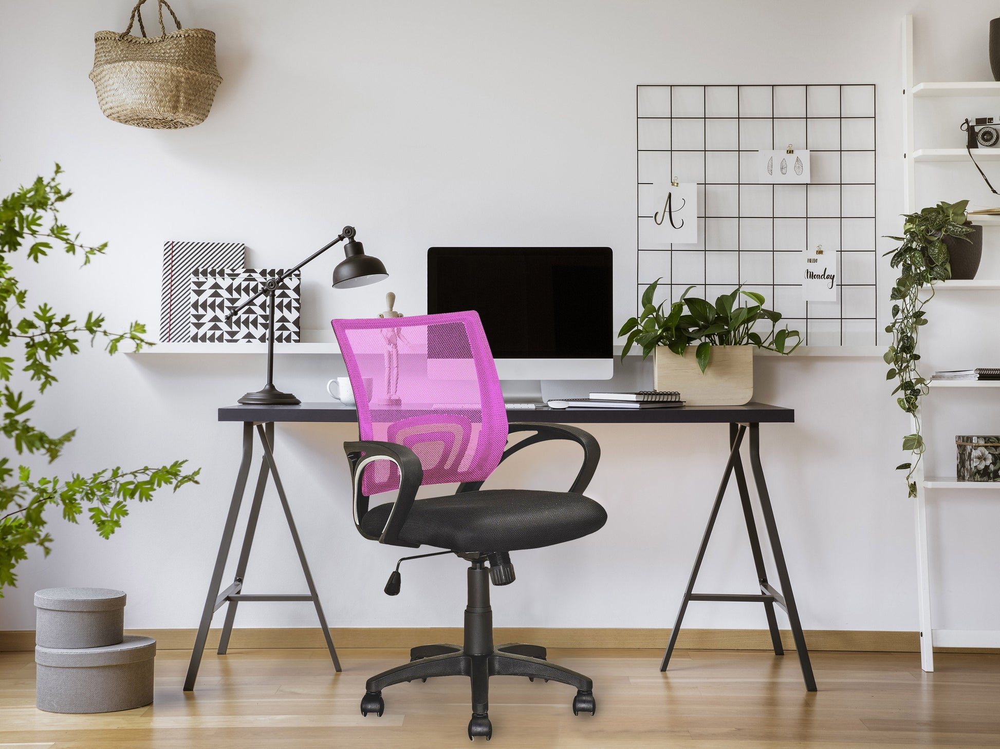 Pink mesh back office chair with ergonomic design, adjustable height, swivel base, and cushioned seat. Ideal for home or office use, providing comfort and support during long working hours.