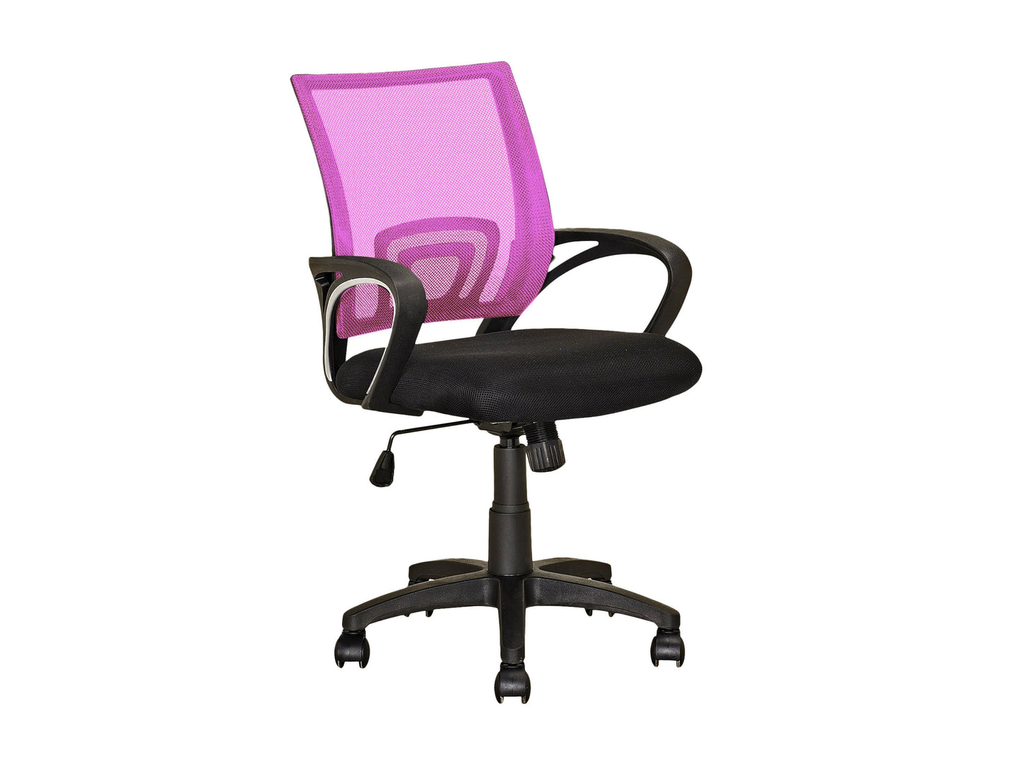Pink mesh back office chair with ergonomic design, adjustable height, swivel base, and cushioned seat. Ideal for home or office use, providing comfort and support during long working hours.