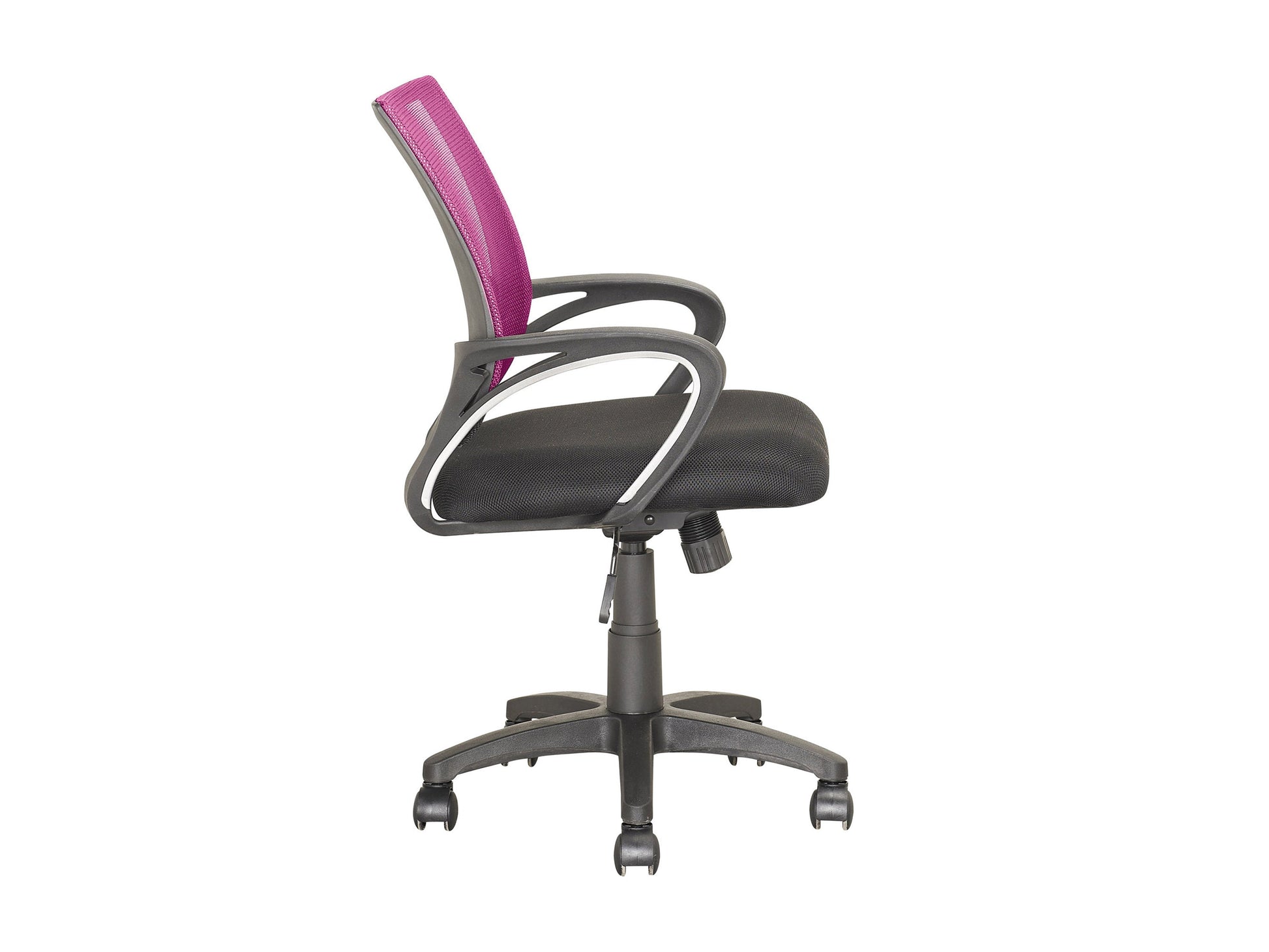 Pink mesh back office chair with ergonomic design, adjustable height, swivel base, and cushioned seat. Ideal for home or office use, providing comfort and support during long working hours.