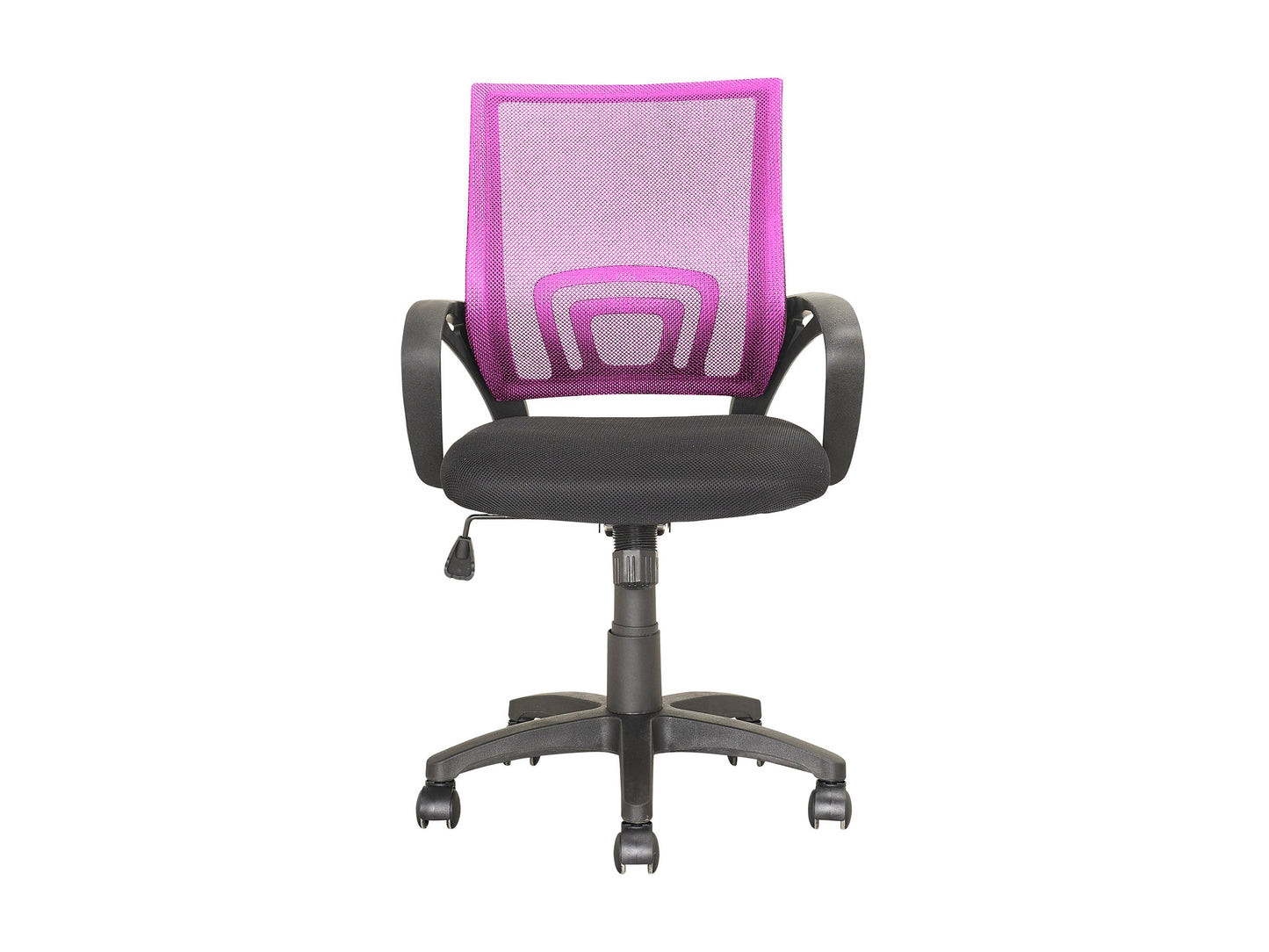 Pink mesh back office chair with ergonomic design, adjustable height, swivel base, and cushioned seat. Ideal for home or office use, providing comfort and support during long working hours.