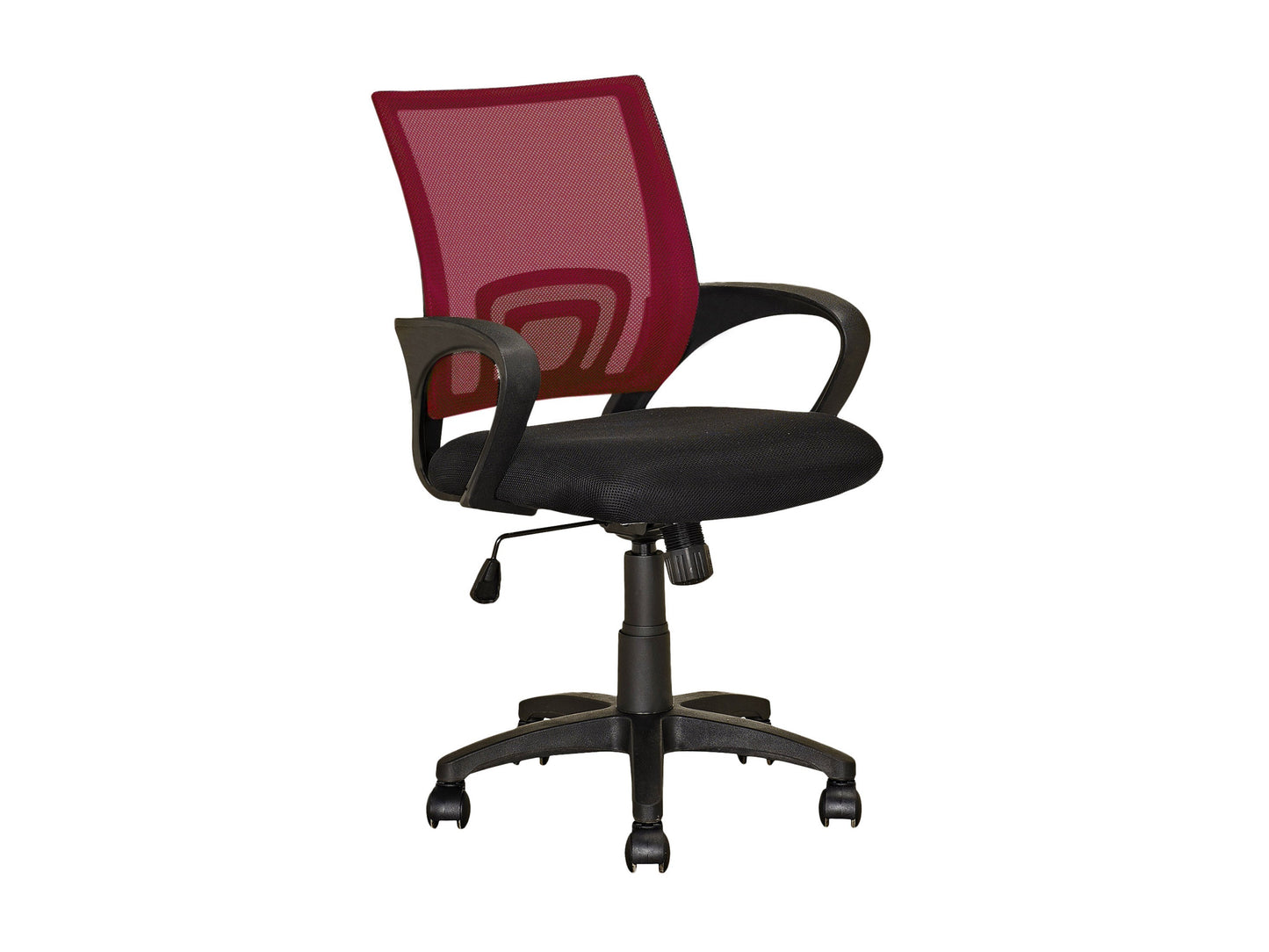 Maroon mesh back office chair with ergonomic design, adjustable armrests, and lumbar support. Features breathable mesh fabric, cushioned seat, and five-wheel base for mobility. Ideal for home or office use.