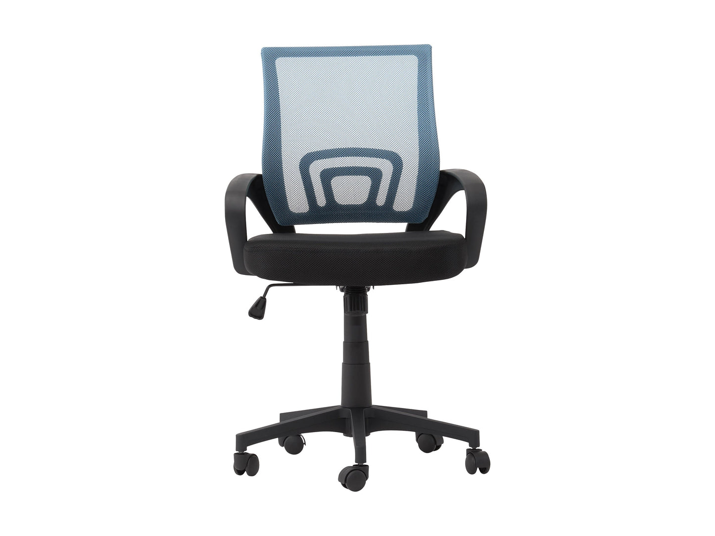 Blue mesh back office chair with ergonomic design, adjustable armrests, and lumbar support. Features breathable mesh material, cushioned seat, and smooth-rolling casters for optimal comfort and mobility.