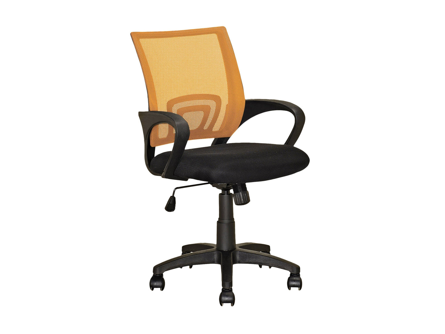 Ergonomic mesh back office chair in vibrant orange with adjustable armrests, cushioned seat, and durable metal base. Ideal for home office or workspace, providing comfort and support for long hours.