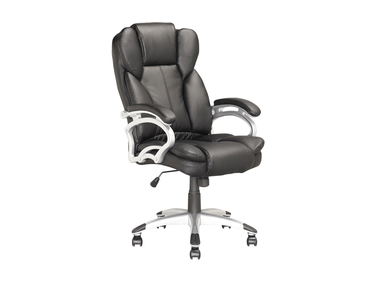 Ergonomic black leather executive office chair with padded armrests, high back support, adjustable height, and swivel base, ideal for home or corporate office setups.