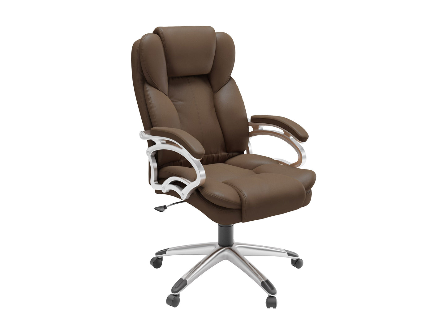 Caramel brown executive office chair with ergonomic design, high backrest, plush leather upholstery, adjustable armrests, and chrome base. Ideal for home office or professional workspace.