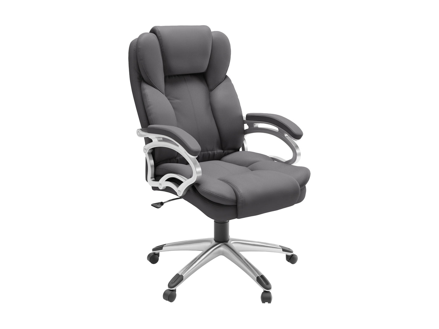Grey executive office chair with ergonomic design, adjustable height, padded armrests, and breathable mesh back. Ideal for home or office use, this stylish chair combines comfort with modern aesthetics.